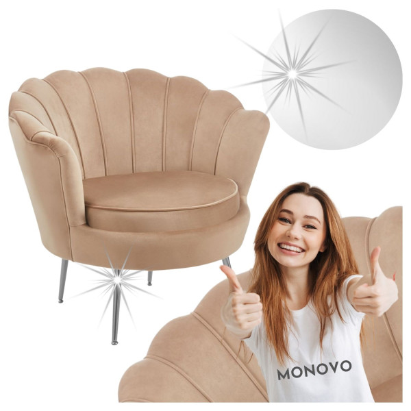Fotel Tapicerowany Muszelka Glamour Chromowane Nogi Srebrne Cappuccino Welurowy AMILA