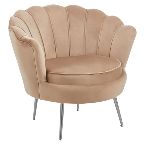 Fotel Tapicerowany Muszelka Glamour Chromowane Nogi Srebrne Cappuccino Welurowy AMILA