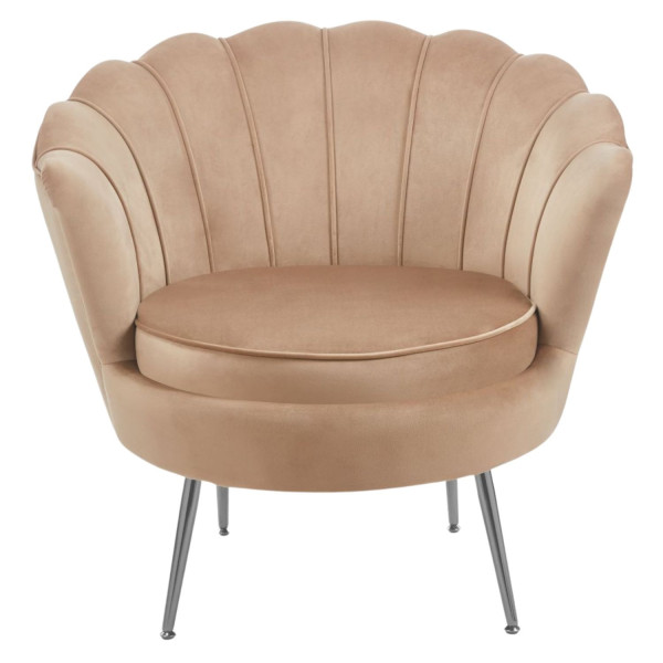 Fotel Tapicerowany Muszelka Glamour Chromowane Nogi Srebrne Cappuccino Welurowy AMILA