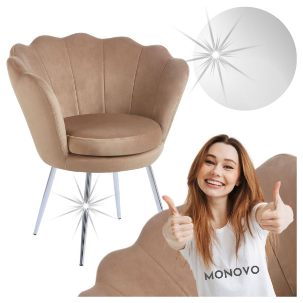 Chromowane Krzesło Tapicerowane Muszelka Cappuccino Welurowe do Salonu Toaletki Glamour RAVEO