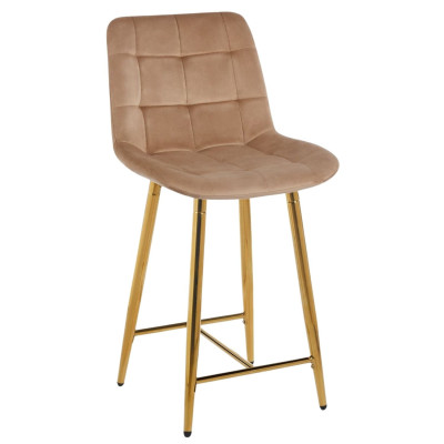 Nowoczesny Hoker Tapicerowany Kuchenny do Baru Pikowany Welur Cappuccino Złoty Stelaż FORE