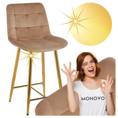 Nowoczesny Hoker Tapicerowany Kuchenny do Baru Pikowany Welur Cappuccino Złoty Stelaż FORE