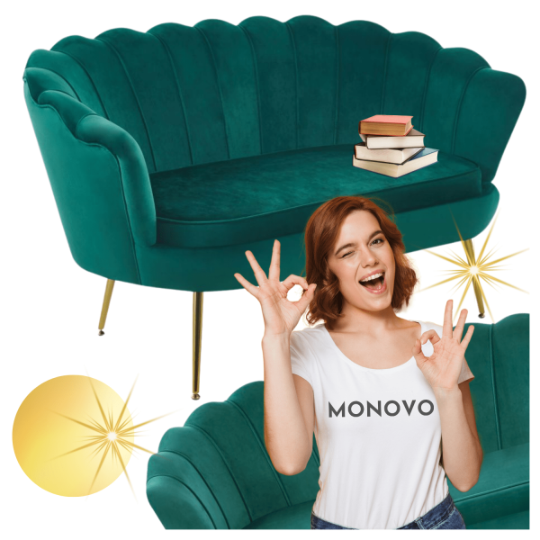 Zielona Sofa Muszelka Kanapa Welurowa do Poczekalni Glamour Złote Nogi ZENDAYA Butelkowa Zieleń
