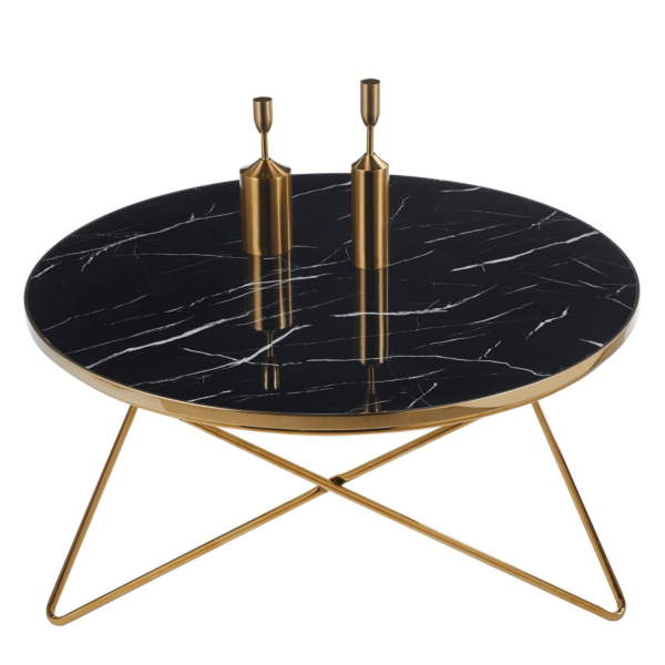 Marmurowy Stolik Kawowy Okrągły 80 cm Szklany Złoty do Salonu Glamour Czarny Marmur AMIN