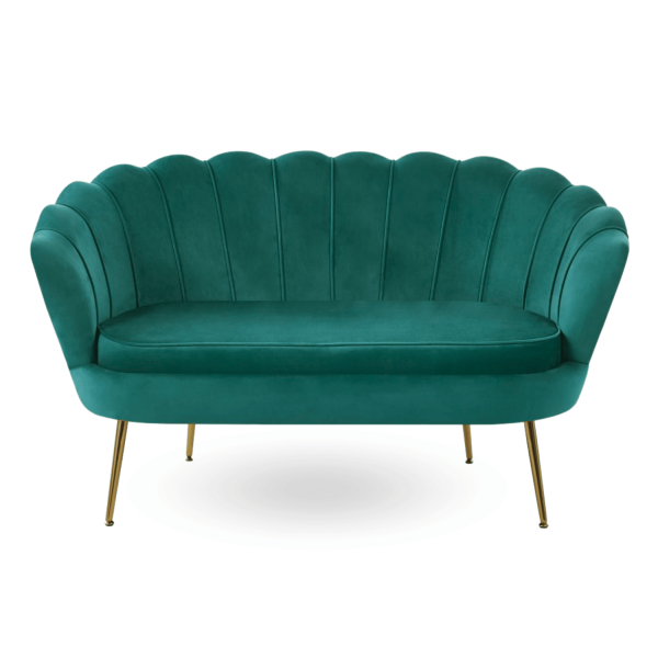Zielona Sofa Muszelka Kanapa Welurowa do Poczekalni Glamour Złote Nogi ZENDAYA Butelkowa Zieleń