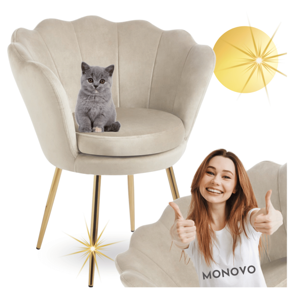 Beżowe Krzesło Fotelowe Muszelka Welurowe do Salonu Toaletki Glamour Złote Nogi RAVEO