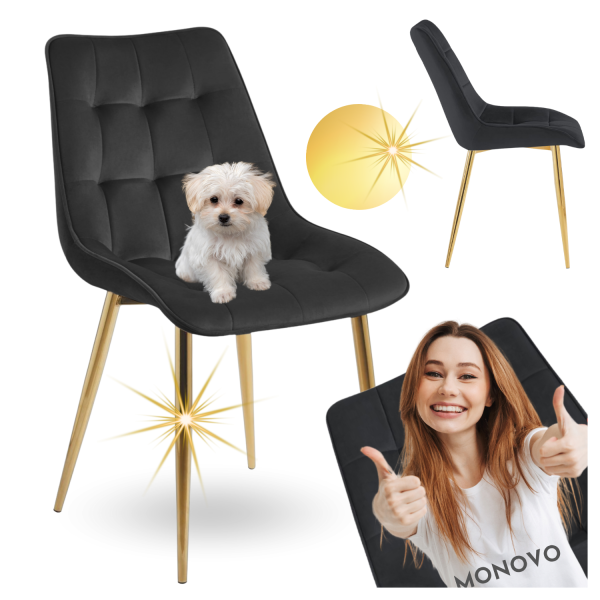 Czarne Krzesło Tapicerowane Welurowe ze Złotymi Nogami do Salonu Glamour CHIC