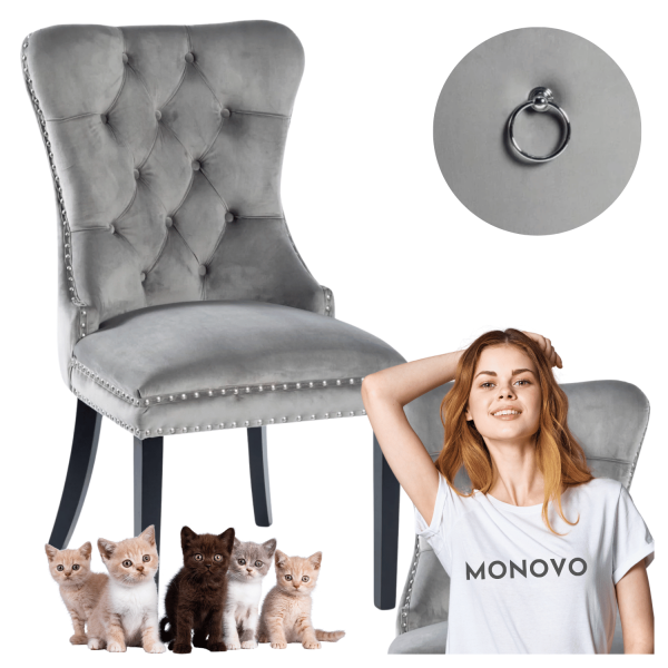 Nowoczesne Tapicerowane Krzesło z Kołatką do Salonu w Stylu Glamour Szare Welurowe TIPTON