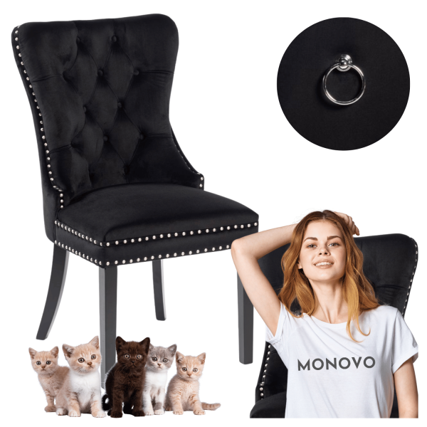 Krzesło Tapicerowane Pikowane z Kołatką do Salonu w Stylu Glamour Czarne Welurowe TIPTON