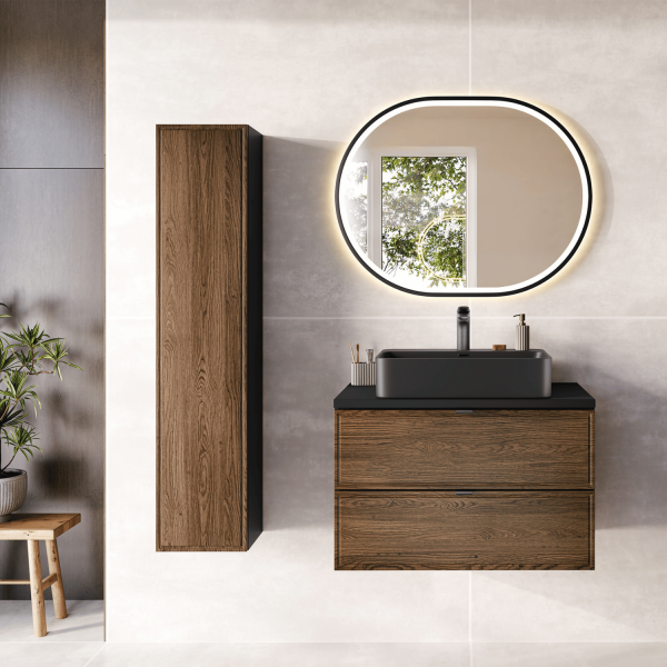 Zestaw Łazienkowy Szafka 80 cm z Umywalką Nablatową do Łazienki Retro Vintage Dąb Casella Czarny Mat TALIA