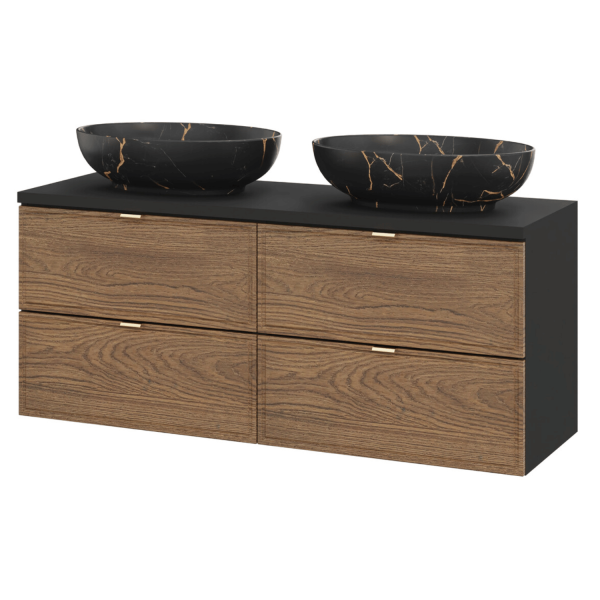 Komplet Podwójna Szafka z Umywalkami 120 cm do Łazienki Retro Vintage Dąb Casella Czarna Matowa TALIA