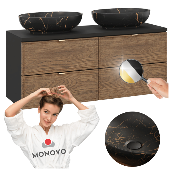 Komplet Podwójna Szafka z Umywalkami 120 cm do Łazienki Retro Vintage Dąb Casella Czarna Matowa TALIA