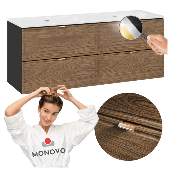 Szafka Łazienkowa z Podwójną Umywalką Dwukomorowa 120 cm do Łazienki Retro Dąb Casella Czarny Mat TALIA
