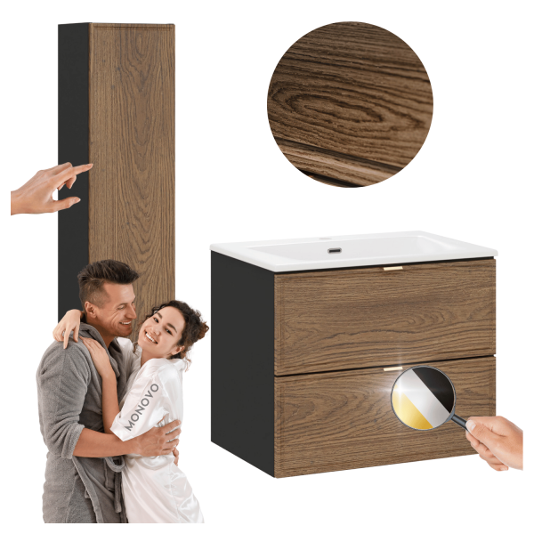 Zestaw Mebli Łazienkowych z Umywalką 60 cm do Łazienki Retro Vintage Dąb Casella Czarny Mat TALIA