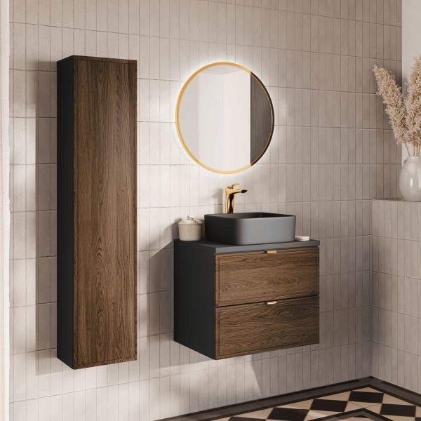 Zestaw Mebli Łazienkowych z Umywalką 60 cm do Łazienki Retro Vintage Dąb Casella Czarny Mat TALIA