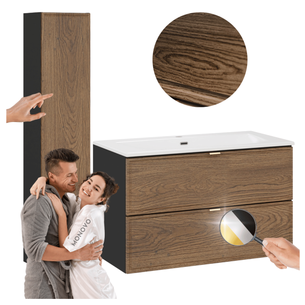 Zestaw Mebli Łazienkowych z Umywalką 80 cm Retro Vintage Dąb Casella Czarny Mat TALIA