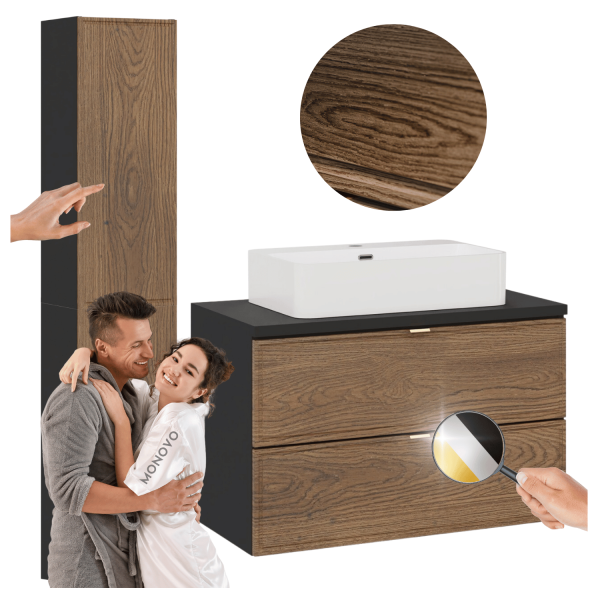 Zestaw Mebli Łazienkowych z Umywalką 80 cm do Łazienki Retro Vintage Dąb Casella Czarny Mat TALIA