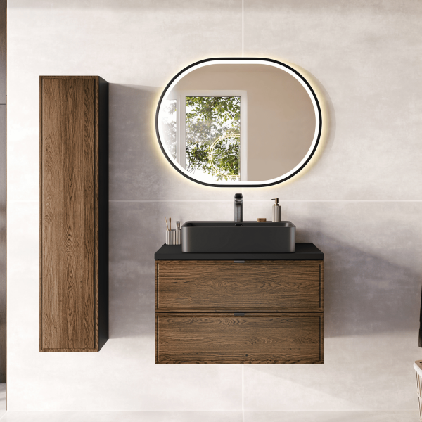 Owalne Lustro Łazienkowe Czarne LED 90x70 cm z Włącznikiem w Ramie Podświetlane APOLLO 2 COMAD