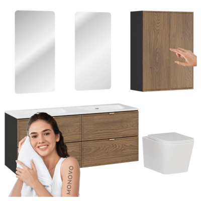 Zestaw Łazienkowy Meblowy 120Cm z Podwójną Umywalką z Lustrem LED i Misą WC TALIA