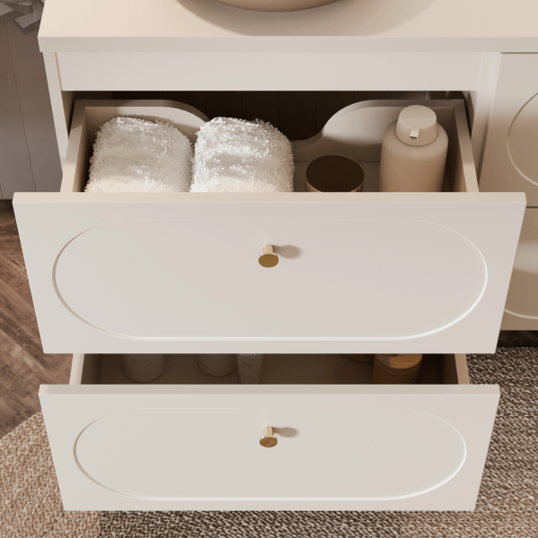 Beżowa Piaskowa Szafka pod Umywalkę 60 cm Owalny Frez Łuki Złote Gałki do Łazienki Boho DONNA SAND