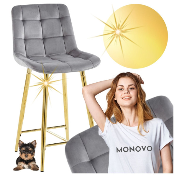 Krzesło Barowe Kuchenne Glamour Welurowe FORE Popielate Złote