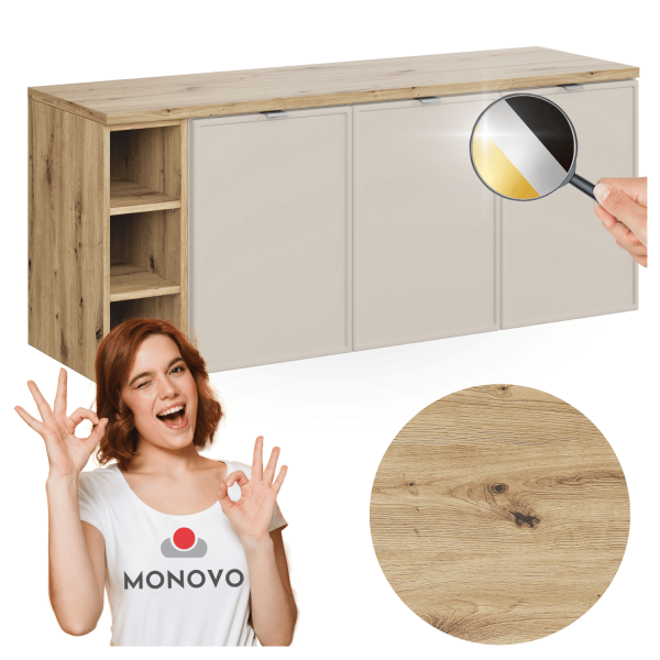 Duża Szafka pod Umywalkę 140 cm z Blatem i Regałem do Łazienki Kaszmir Dąb Artisan BELLA