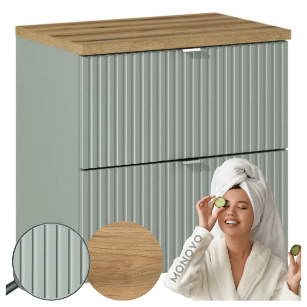 Matowa Szafka pod Umywalkę 60 cm z Blatem do Łazienki Ryflowana Szałwiowa LINE REED GREEN Comad
