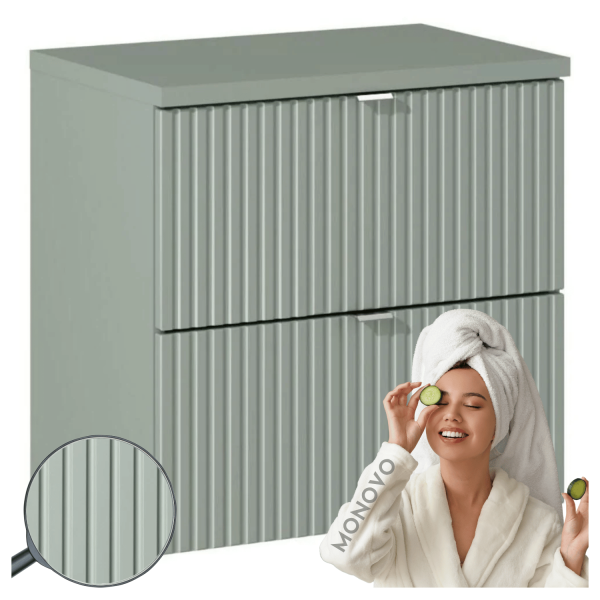 Szafka pod Umywalkę z Blatem 60 cm do Łazienki z Szufladami Nowoczesny Ryflowany Szałwiowy Mat LINE REED GREEN Comad