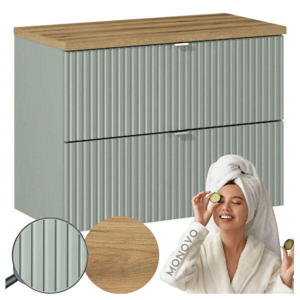Zielona Szafka pod Umywalkę z Blatem 80 cm do Łazienki Boho Ryflowana z Szufladami Szałwiowa LINE REED GREEN Comad