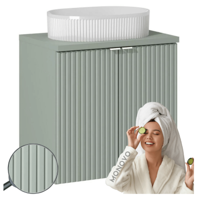 Ryflowana Szafka z Umywalką 60 cm do Łazienki 2 Drzwiowa Szałwiowy Zielony Mat LINE REED GREEN Comad