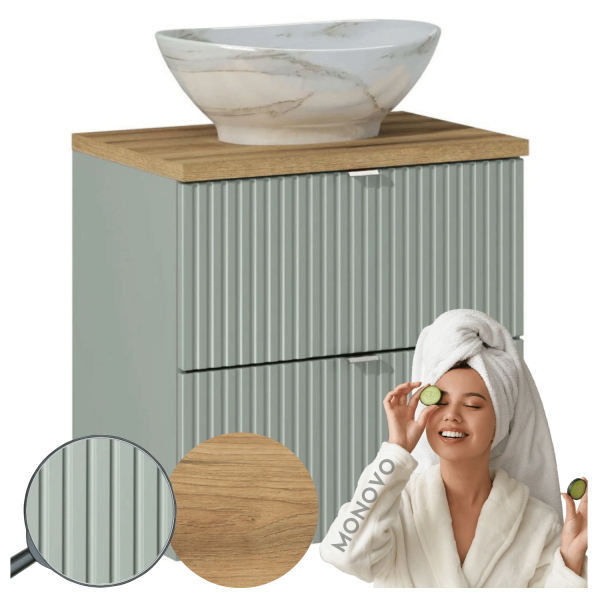 Szafka z Umywalką Nablatową 60 cm z Szufladami Ryflowana Szałwiowa Matowa LINE REED GREEN Comad