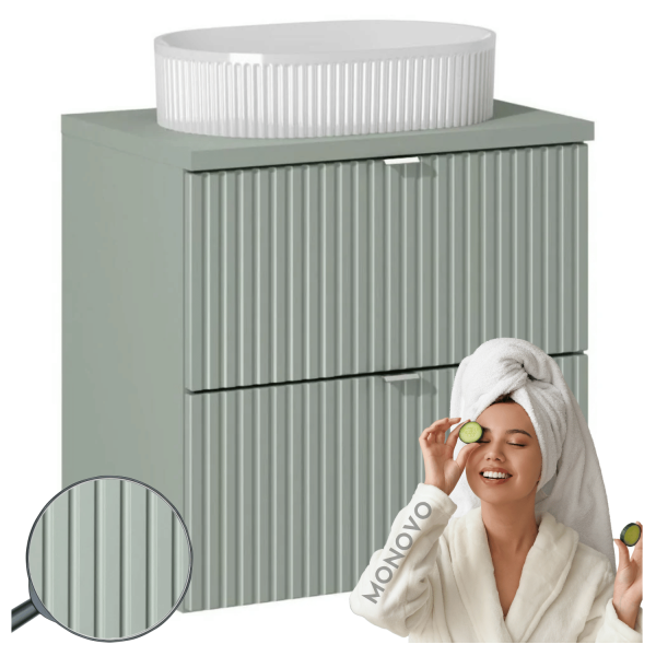 Nowoczesna Ryflowana Szafka z Umywalką 60 cm do Łazienki z Szufladami Zieleń Szałwiowa LINE REED GREEN Comad