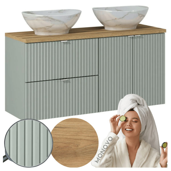Podwójna Szafka z Umywalką Nablatową 120 cm do Łazienki Szałwiowa Nowoczesna LINE REED GREEN Comad