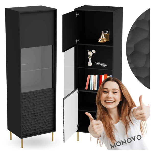 Witryna Szklana Nowoczesna do Salonu Glamour BULLET W-1 Czarna Złota Halmar