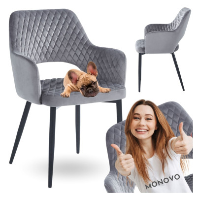 Krzesło Tapicerowane do Salonu Loft Pikowane z Podłokietnikami Szary Welur Metalowe Nogi VIONA