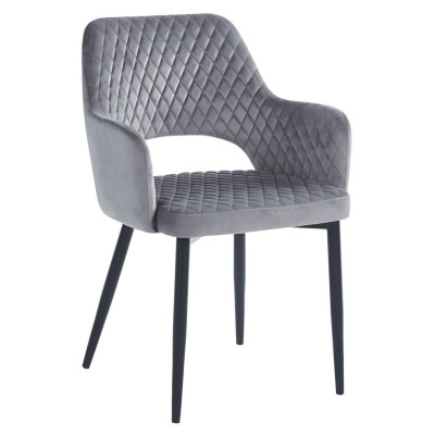 Krzesło Tapicerowane do Salonu Loft Pikowane z Podłokietnikami Szary Welur Metalowe Nogi VIONA