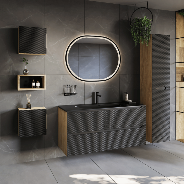 Nowoczesna Duża Szafka pod Umywalkę 120 cm z Szufladami Czarna Dąb OCEAN BLACK Comad