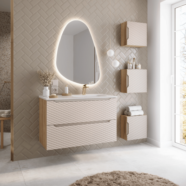 Nowoczesna Szafka Łazienkowa Górna Wisząca Kwadratowa Beżowa Dąb OCEAN BEIGE Comad
