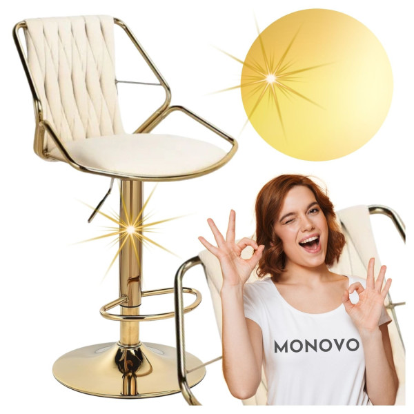 Nowoczesny Hoker Tapicerowany do Kuchni Baru Plecione Oparcie Złote Nogi Glamour Welurowy Beż EVELYN