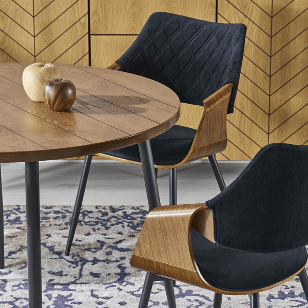 Nowoczesny Stół Okrągły 105 cm do Jadalni Loft Orzech Czarny Wzór Desek Vintage Retro BARRY Halmar