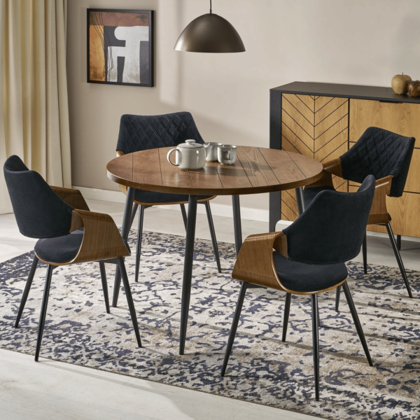 Nowoczesny Stół Okrągły 105 cm do Jadalni Loft Orzech Czarny Wzór Desek Vintage Retro BARRY Halmar