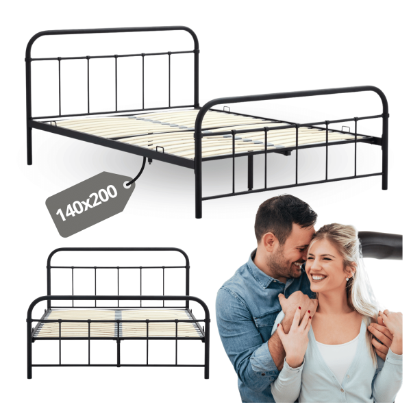 Dwuosobowe Łóżko Metalowe Czarne Loft Industrialne 140 cm ze Stelażem LINDA Halmar