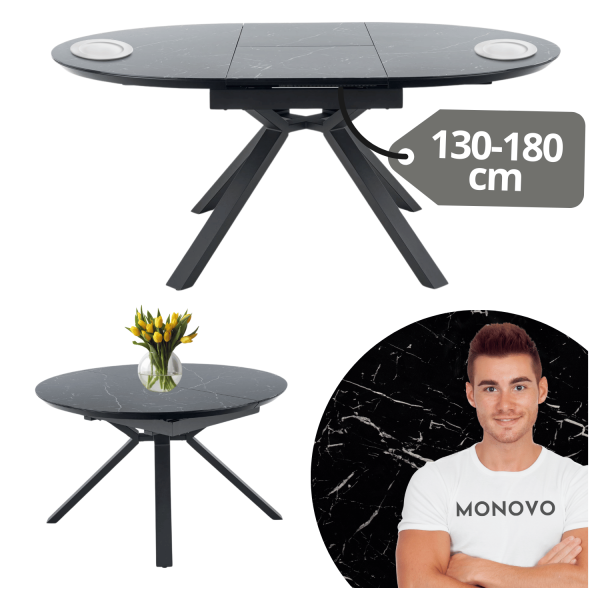 Nowoczesny Stół Okrągły Rozkładany Szklany 130-180x130 cm do Salonu Jadalni Czarny Marmur VERTIGO Halmar