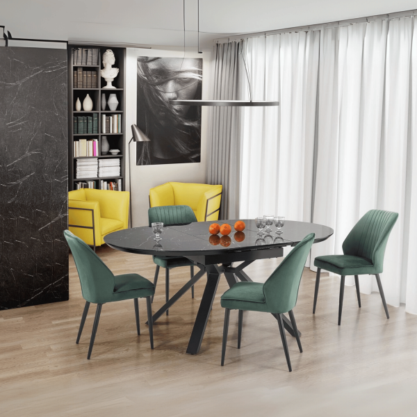 Nowoczesny Stół Okrągły Rozkładany Szklany 130-180x130 cm do Salonu Jadalni Czarny Marmur VERTIGO Halmar