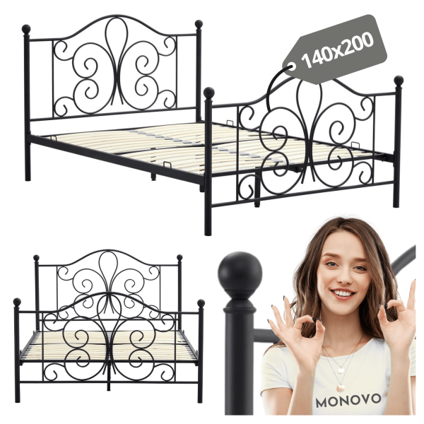 Stylowe Łóżko Metalowe 140x200 do Sypialni Eleganckie Designerskie Czarne Matowe PANAMA Halmar