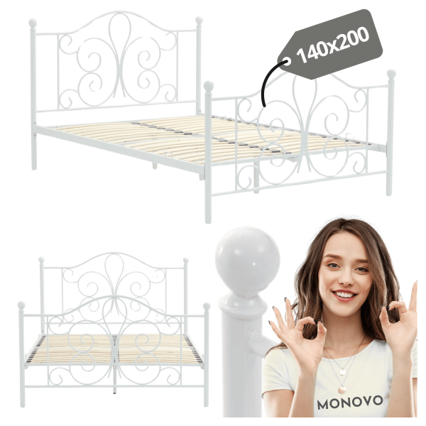 Stylowe Metalowe Łóżko Białe 140x200 Eleganckie Designerskie Dwuosobowe ze Stelażem PANAMA Halmar