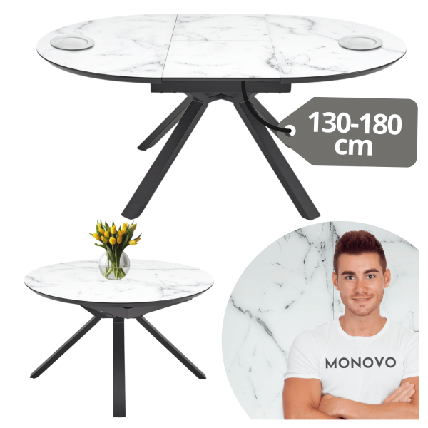 Nowoczesny Stół Rozkładany 130-180x130 Okrągły Szklany do Jadalni Biały Marmur VERTIGO Halmar