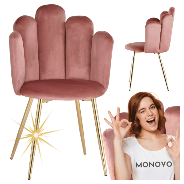 Welurowe Krzesło Tapicerowane Muszelka do Salonu Glamour Różowe Złote Nogi LYDIA