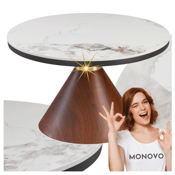Duży Okrągły Stolik Kawowy Biały Marmur Orzech Ceramiczny do Salonu NAPA