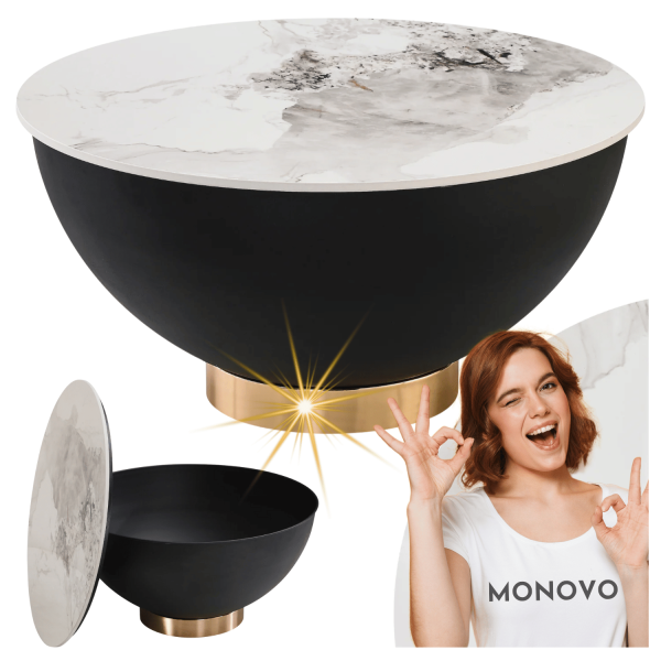 Nowoczesny Stolik Kawowy Okrągły Biały Marmur Czarny Ceramiczny ze Schowkiem do Salonu CYPRUS